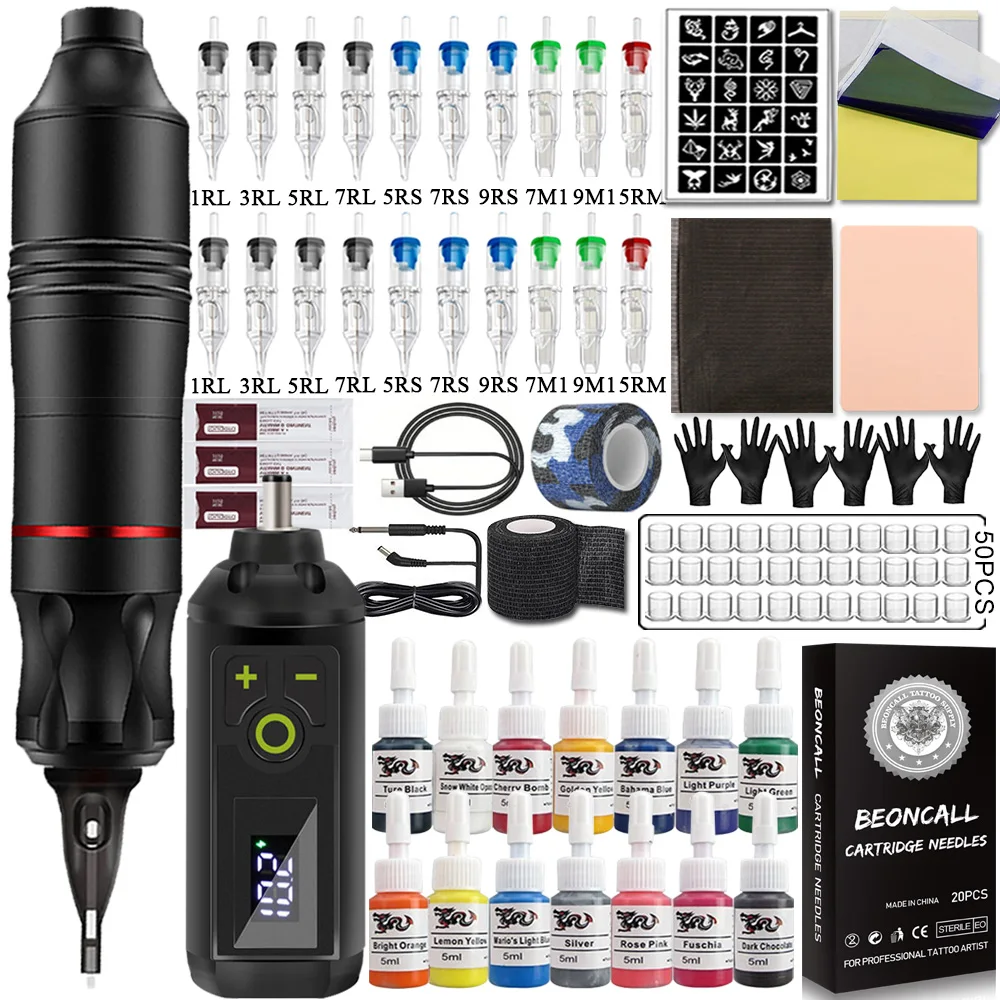 

Wireless Tattoo Pen Kit with 20PCS Tattoo Cartridge Needles Ink Set Portable Tattoo Machine Gun Set for Tattoo Beginners Supply