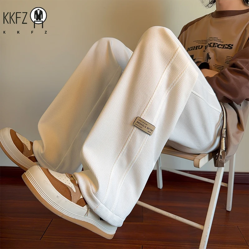 Mens Waffle Knit Wide Leg Bottoms Elastic Drawstring Waist Small Label Ornament Relax Cut Daily Street Casual Pants