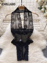 CHILLGIO Women Floral Lace Halter Bodysuits Erotic Sleepwear Catsuits Fashion One Piece Backless Transparent Combination Onesie