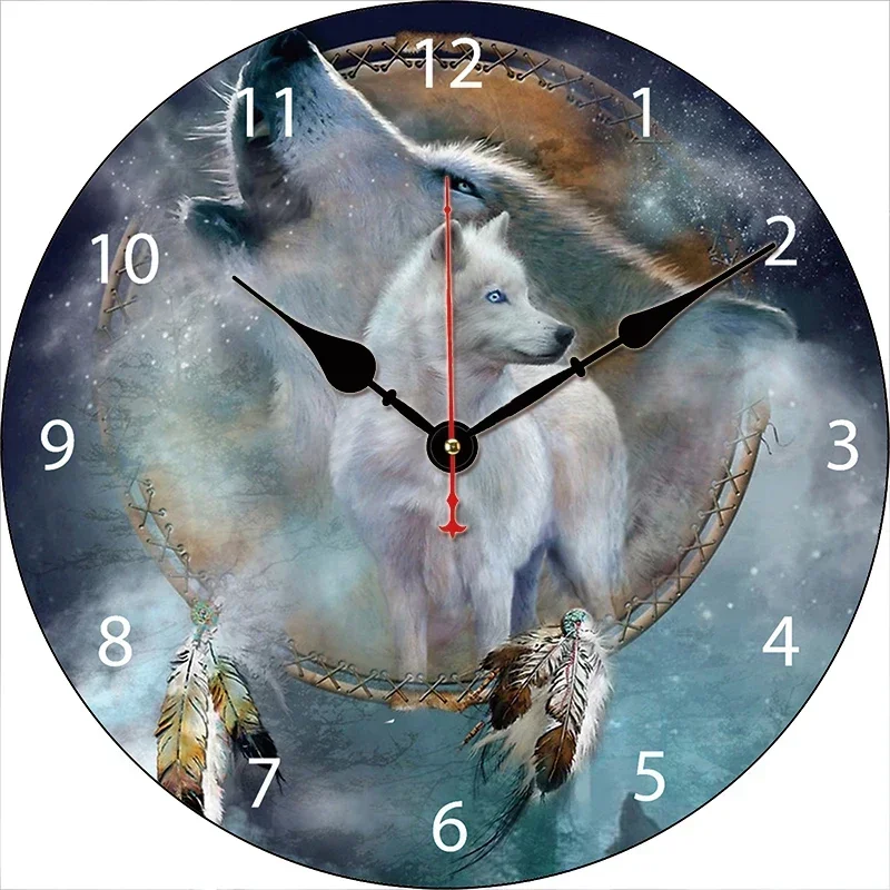 Reloj de pared con atrapasueños de lobo, relojes redondos silenciosos, decoración artística para el hogar, dormitorio, sala de estar, decoración de oficina