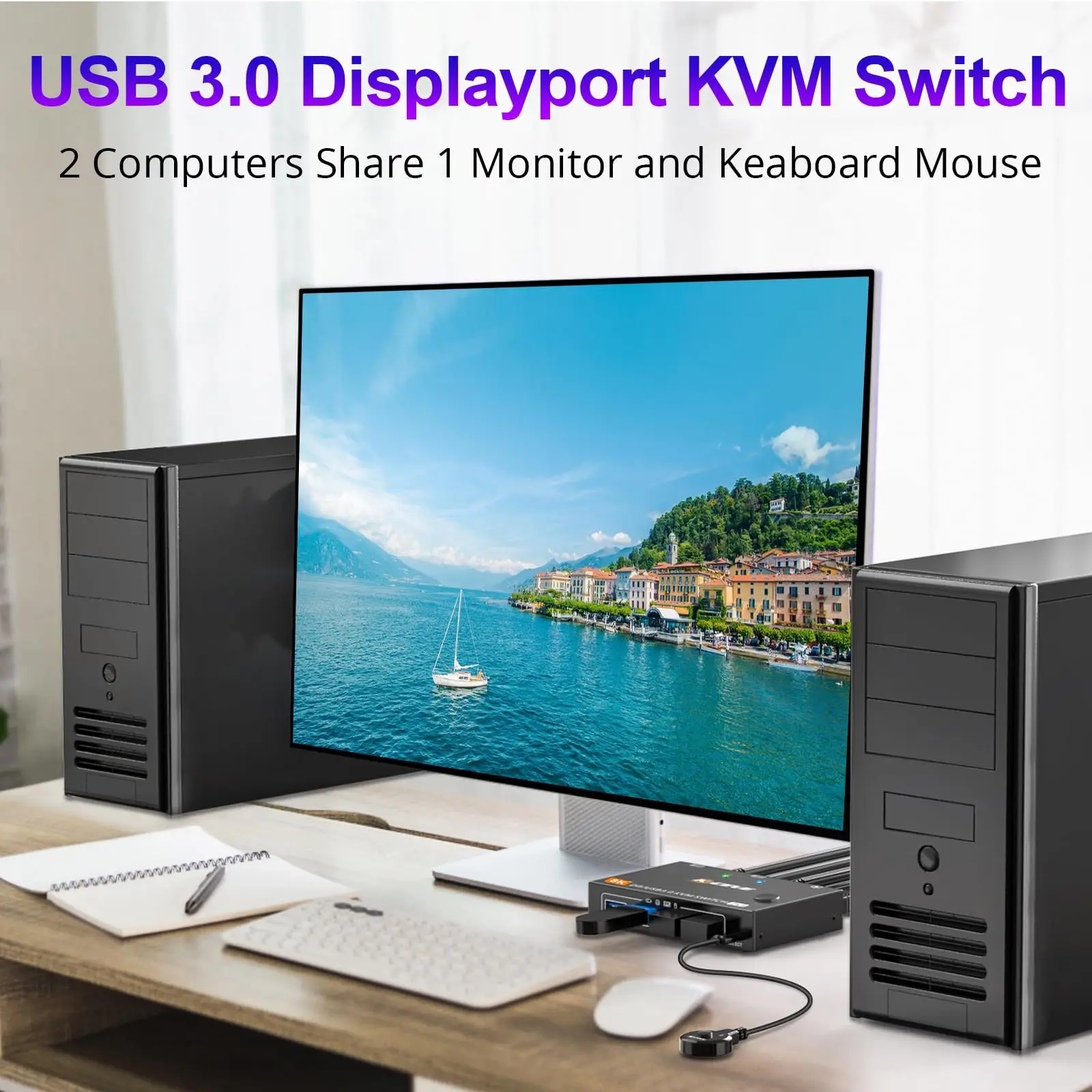 KVM Switch 2 Computer 1 Monitor Displayport 4K@240Hz 8K@60Hz,USB 3.0 KVM Switch Displayport 2.1 for 2 PC Share 4 USB3.0 Devices