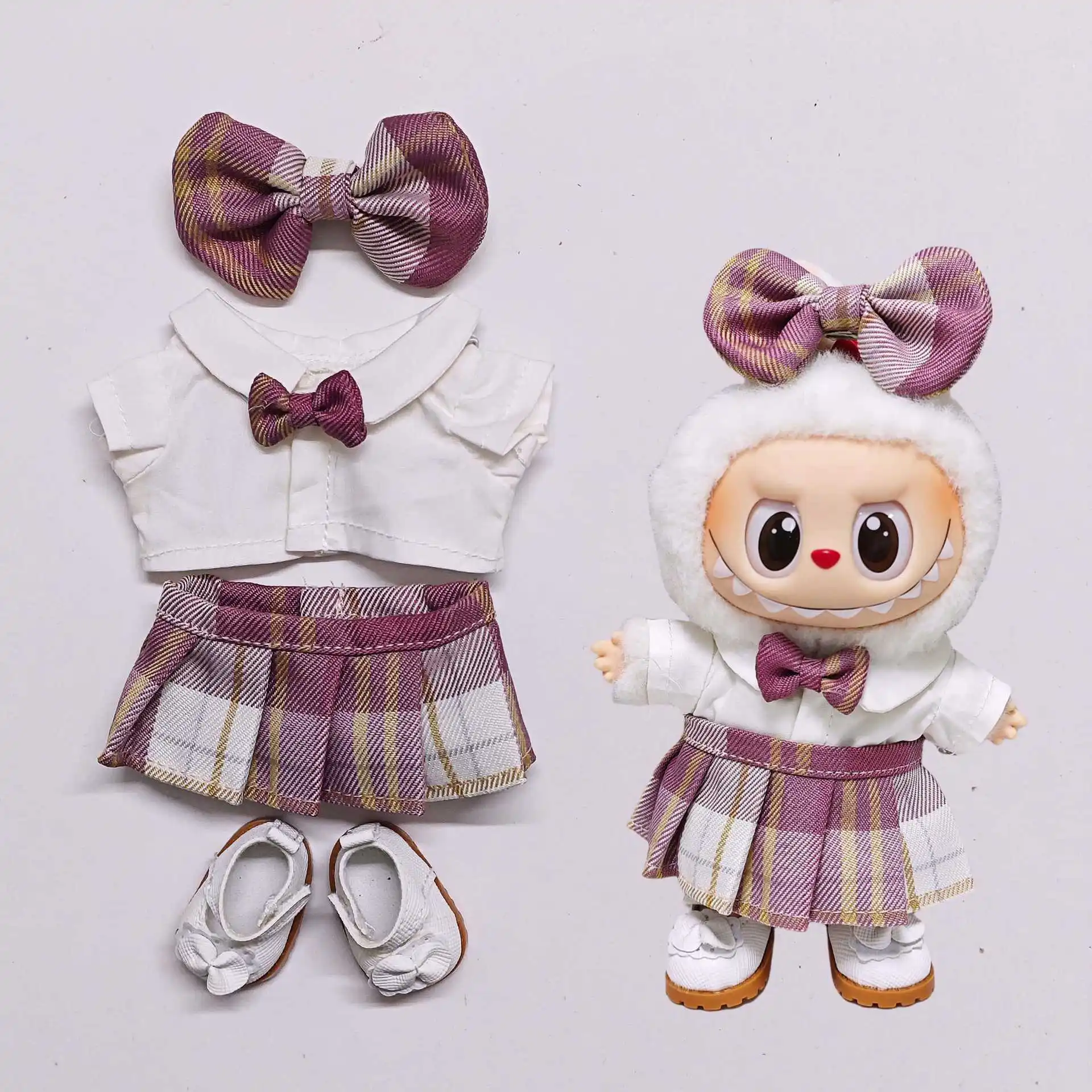 

17cm Labubu Doll Sweet Spring Pinafore Dress Set with Hair Accessories and Mary Jane Shoes for 1.0 2.0 3.0 Generation Labubu