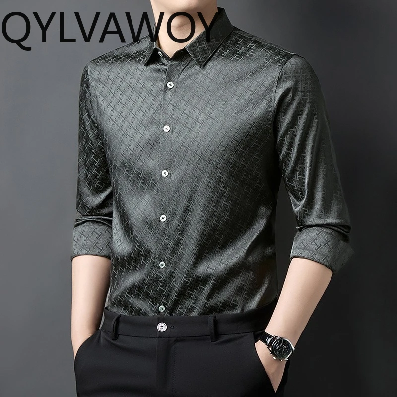 QYLVAWOY 90.8% Natural Mulberry Silk Men's Shirts High-end Shirts for Man Long Sleeves Tops Printed Shirts Autumn Ropa Hombre