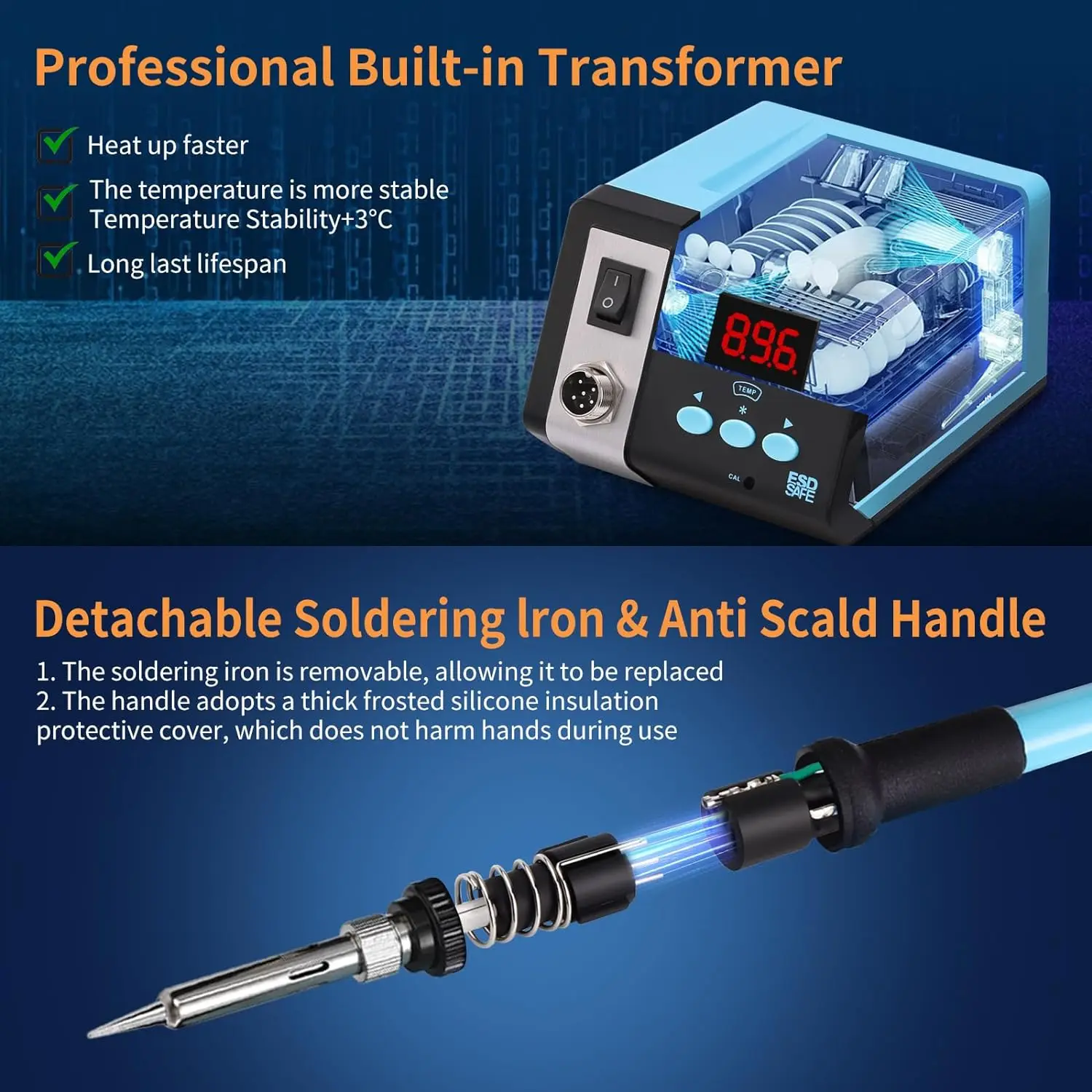 Estação de solda a ar quente, 2 em 1, 700W, ferro de solda a ar quente para desoldering, 200 ~ 480 ° C, têmpera ajustável