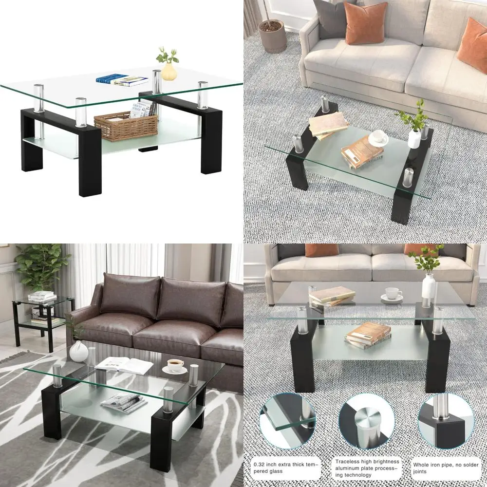 

Modern 2-Tier Rectangle Glass Coffee Table with Tea Table Functionality for Living Room in Black