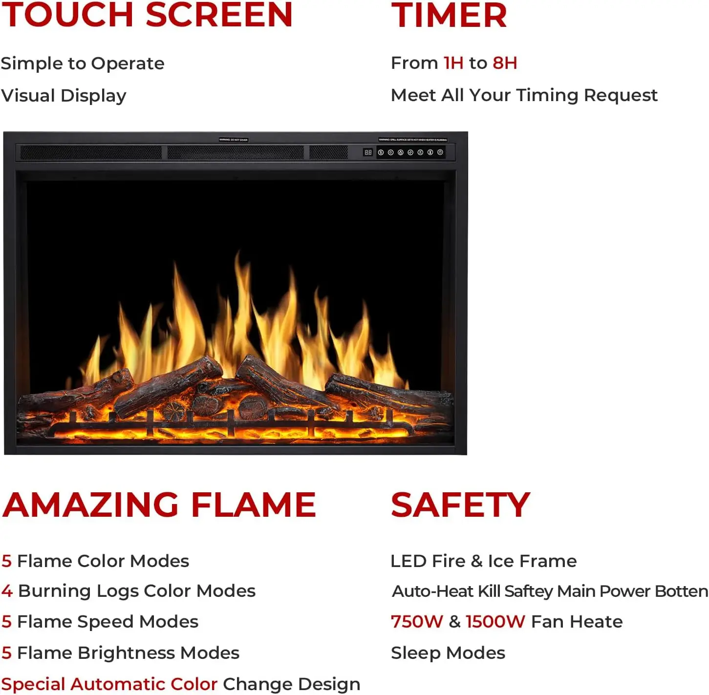 34" Electric Fireplace Insert Adjustable Flame Colors, Log Colors, Flame Speed and Brightness, Remote Control, 750W/15