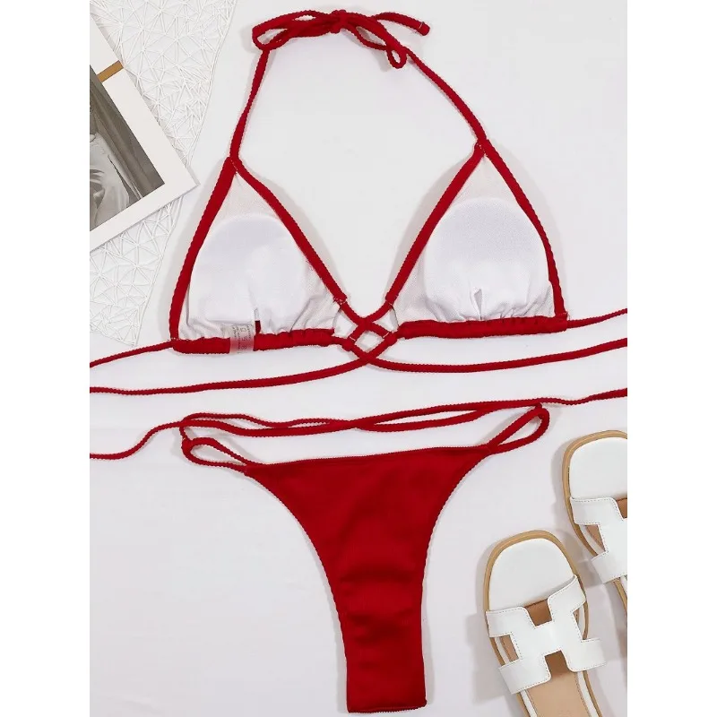 Solid Color Strapping Bikini Swimwear Women Halter Bathing Suit European American Split Swimsuit Sexy 2Pieces Sets Biquinis