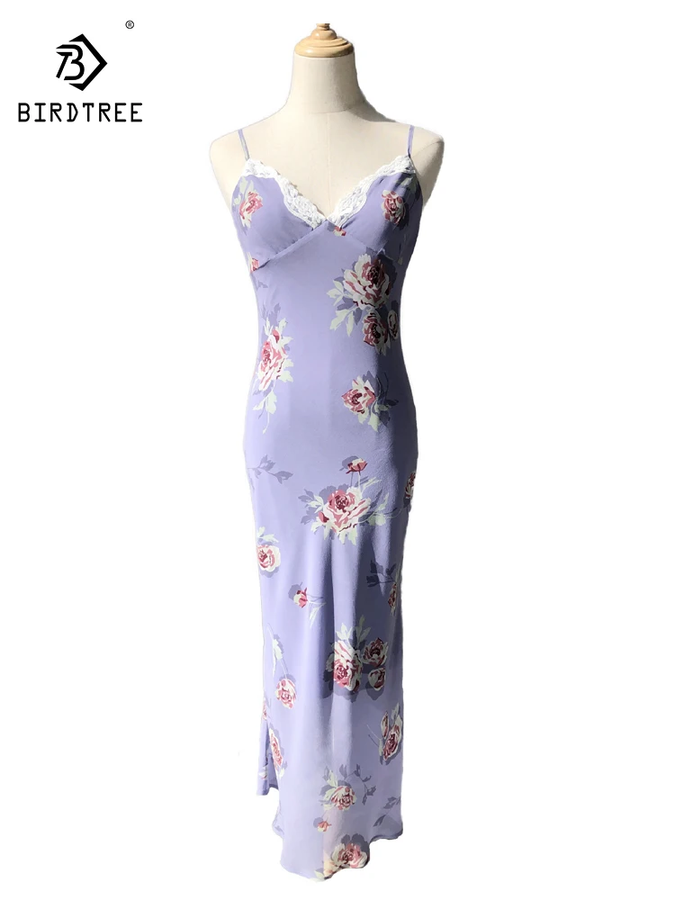 

BirdTree-10MM 100% Silk Elegant Suspender Strap Dress, Women Print Lace Patchwork, French Retro Dresses, 2025 Summer D55656CC