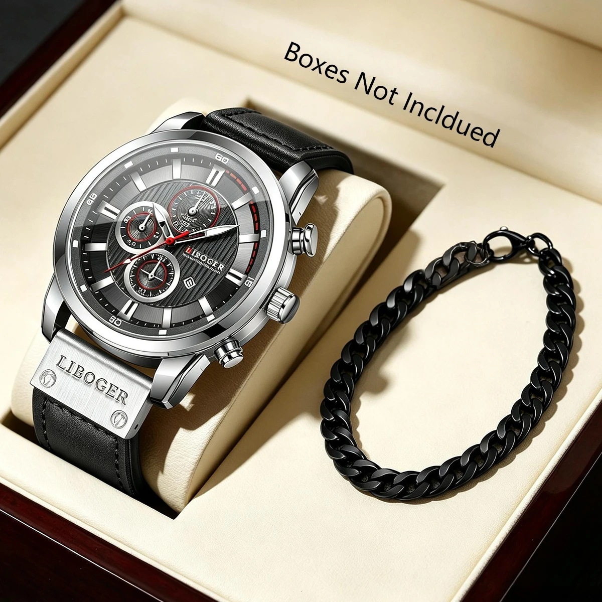 2PCS Luxury Men Quartz Watch Bracelet Set Leather Strap Business Wristwatch Cuban Chain BraceletsRelogio Masculino（Without Box）