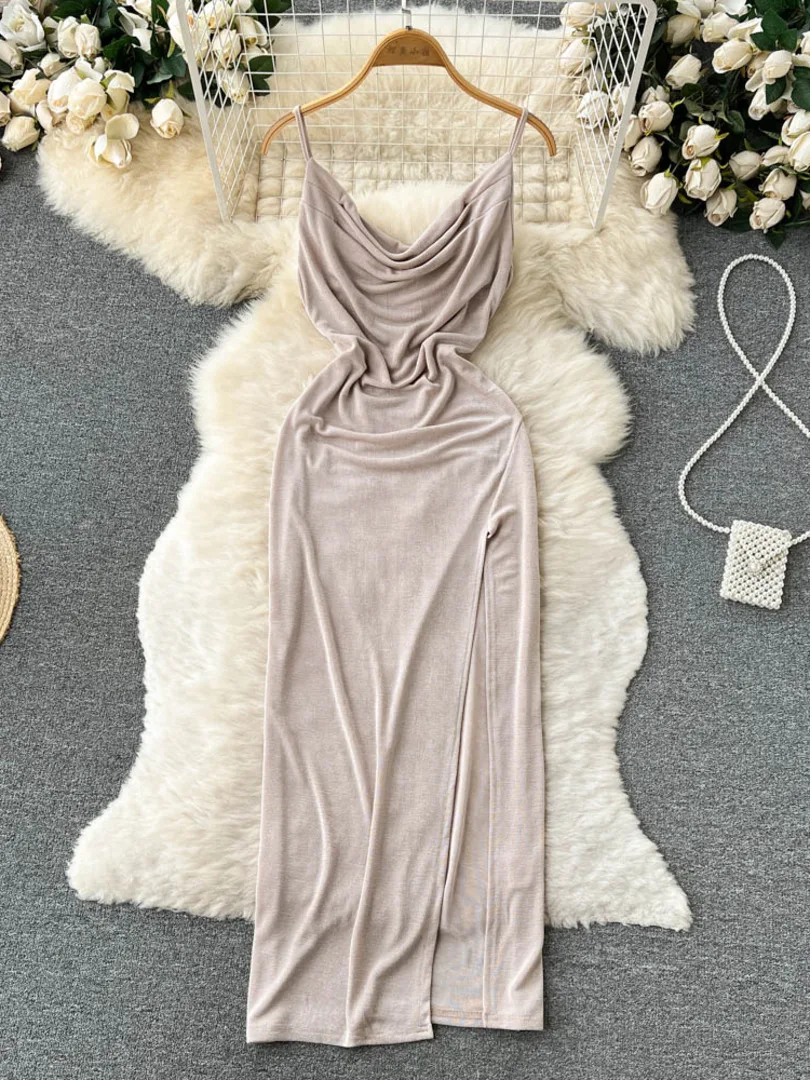 

ssTss Sexy Women Spaghetti Strap Dress 2024 New Summer Swinging Collar Sleeveless Backless High Split Evening Party Dresses