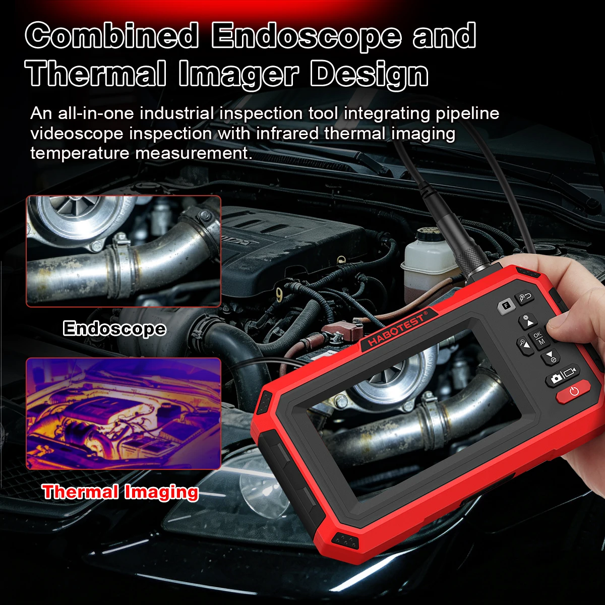 HT669IR Integrated Industrial Endoscope + Infrared Thermal Imager Super Res 192x192 3m probe cable 4.3-inch Display Screen 4GB