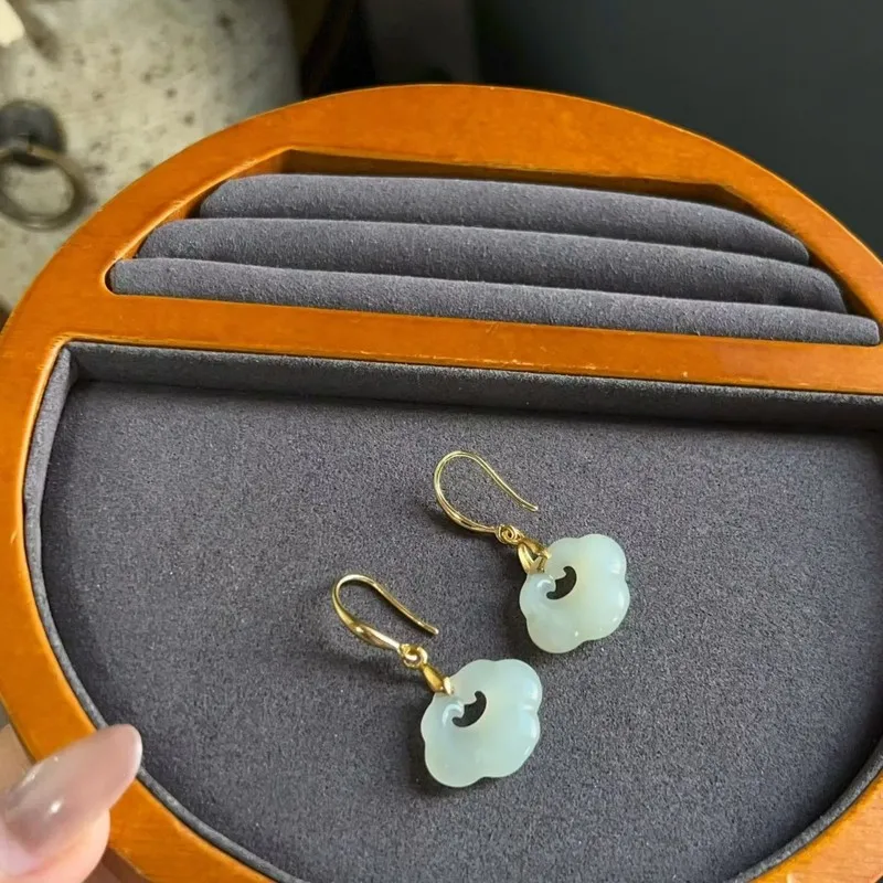 S925 Silver Inlaid With Natural Hetian Jade Peace Lock Ear Hook, Ancient Style Elegant Earrings