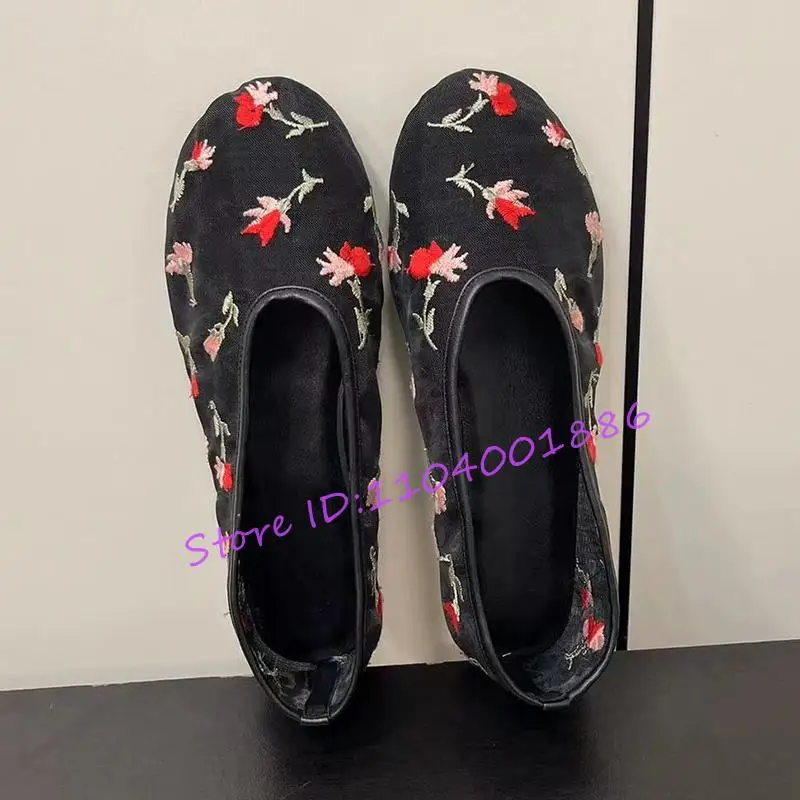 Summer New Mesh Ballet Flats Round Toe Floral Embroidery Mary Jane Shoes Black White Apricot Slip On Elegant Casual Women Shoes