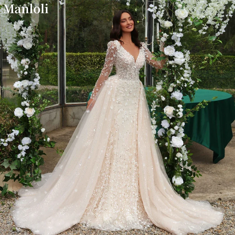 

Luxury V-neck Mermaid Wedding Dress Long Sleeve Lace 3D Flower Detachable Train Robe Elegant Bride Dress Customized