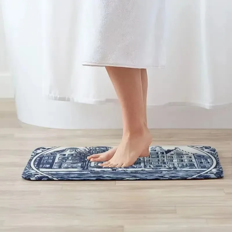 Delft Blue Canal Houses Doormat Polyester Flannel Vintage Style Non-Slip Floor Rug for Home