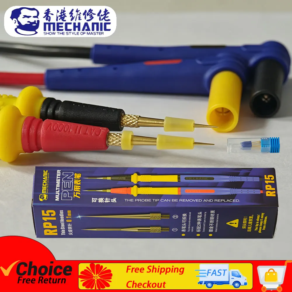

MECHANIC RP15 Multimeter Test Probes, 0.1mm Gold-Plated Interchangeable Tips, 1000V 20A Silicone Leads for Repair tool