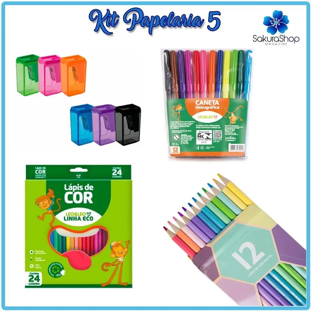 Kit Papelaria 5 - Para Colorir Canetinha Hidrografica + Lapis de Cor + Lapis Tom pastel + Apontador