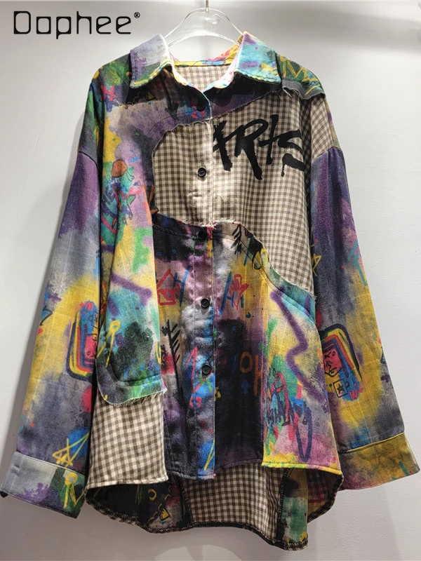 

Printed Graffiti Splicing Plaid Long-sleeved Shirt Female 2024 Autumn New Lapel Mid Length Oversized Top Street Women Jacket