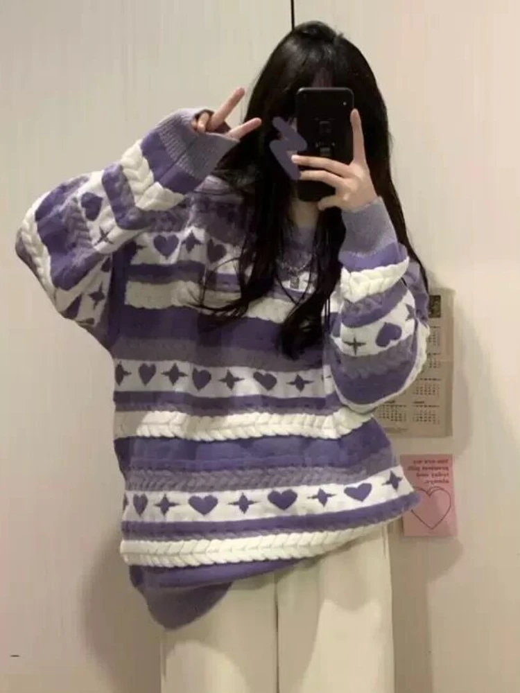 Striped Panelled Pullovers Women Purple Sweet Cute Sweaters Harajuku Korean Fashion Elegant Knitted Autumn Clothing College Chic