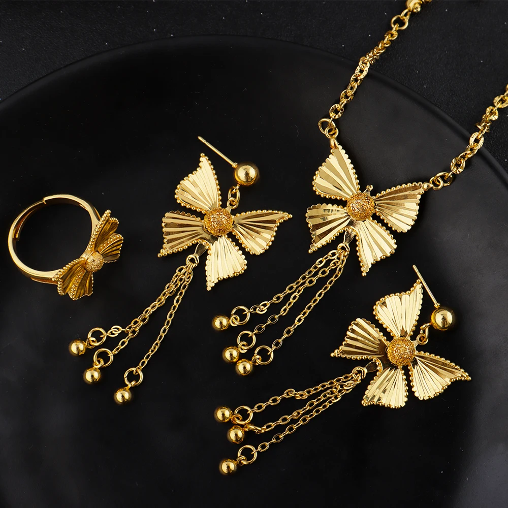 

Luxury Gold-Tone Tassel Jewelry Set: Middle-East Inspired Necklace, Drop Earrings & Ring for Dubai African Party Glamour