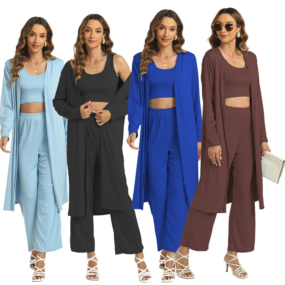 Muslim Three Piece Set Soild Islamic Loose Vest Coat Tops with Wide Leg Pants Ramadan Abaya Suit Women Morocco Dubai Arab