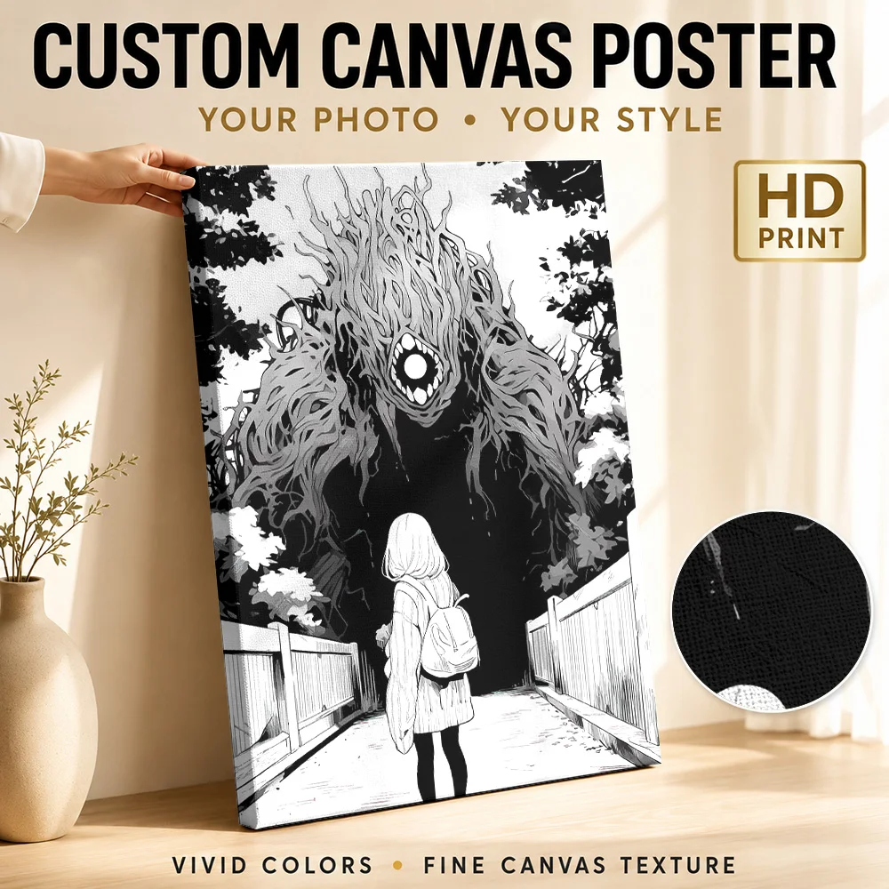 Girl faces a monstrous tree creature Canvas Painting Poster Custom Gothic Horror Wall Art for Home Theater Decor Ready to Hang