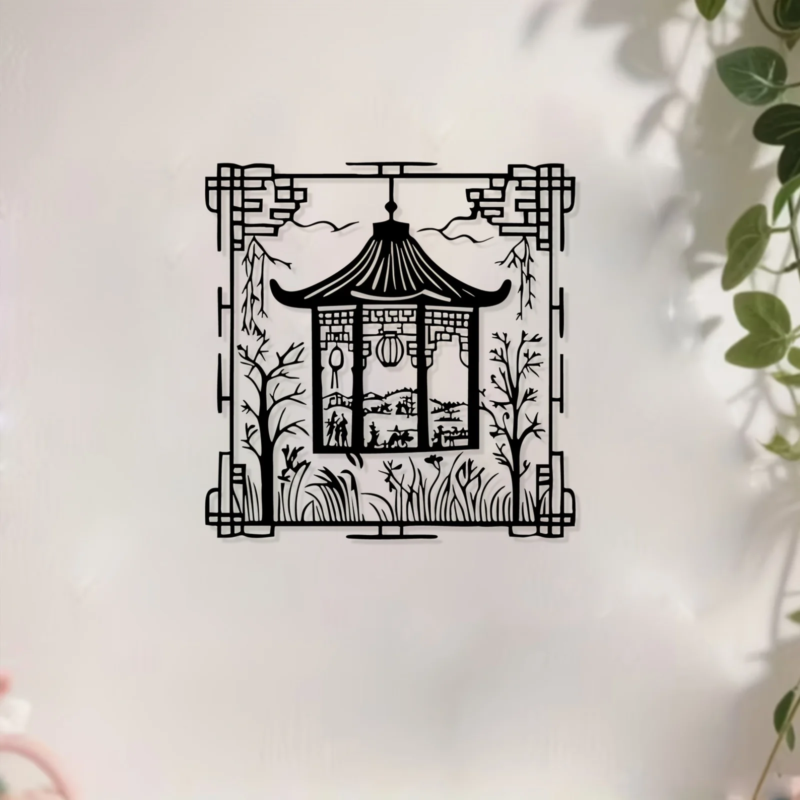 Brand Chinese Pavilion Iron Wall Art Rustproof Weatherproof Metal Mural Oriental 2D Flat Indoor Outdoor Garden Home Wall Decor