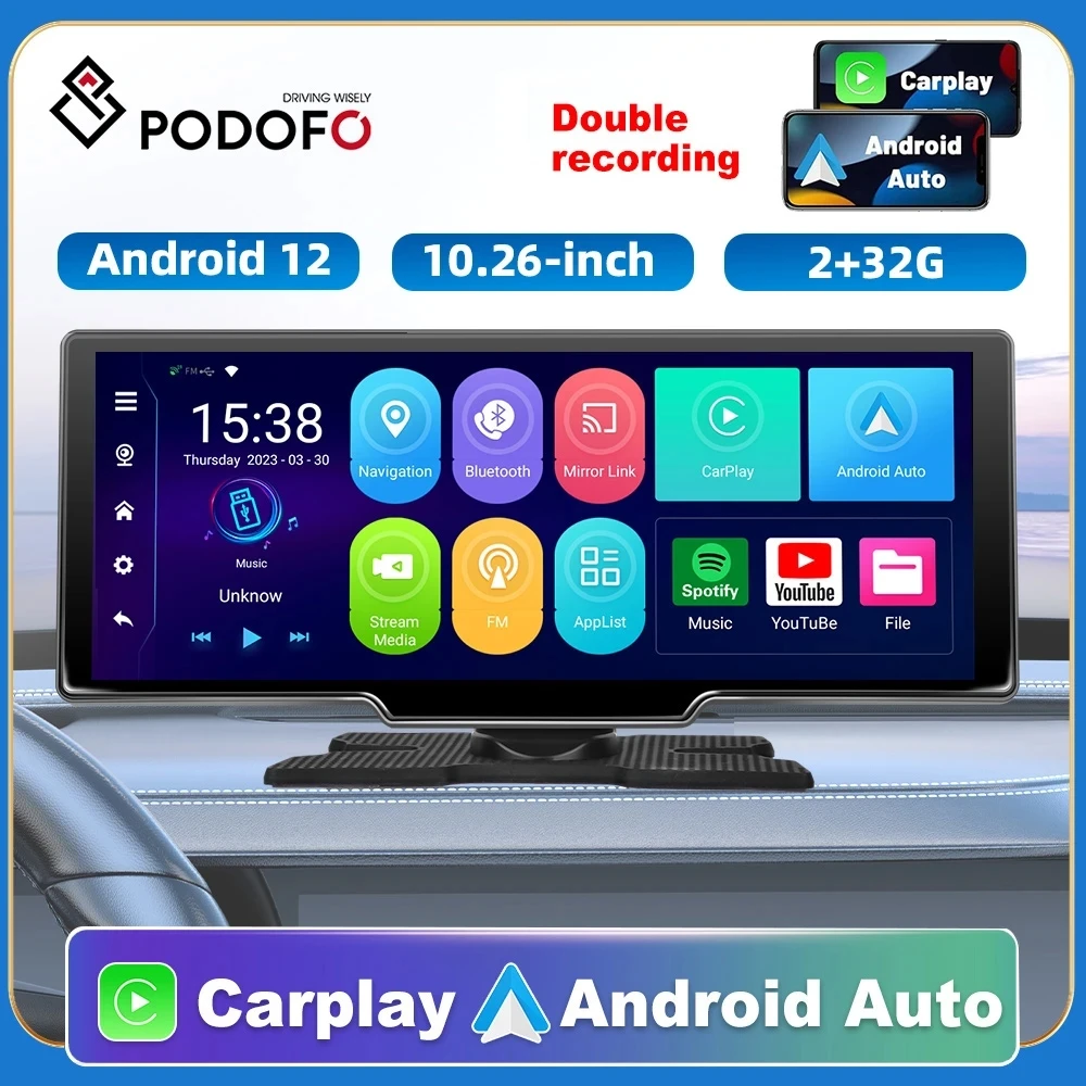 

Podofo Android 12 2G+32G Rearview Camera ADAS Wifi Carplay & Android Auto Video DVR Car Mirror Recorder Dashboard