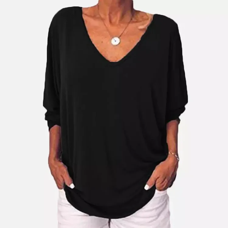 Plus Größe Lose frauen Hemd V-ausschnitt Overhead Drei-Viertel Hülse Casual Weibliche Top Taste Dekoration Gepolsterte Schulter – Detail 7