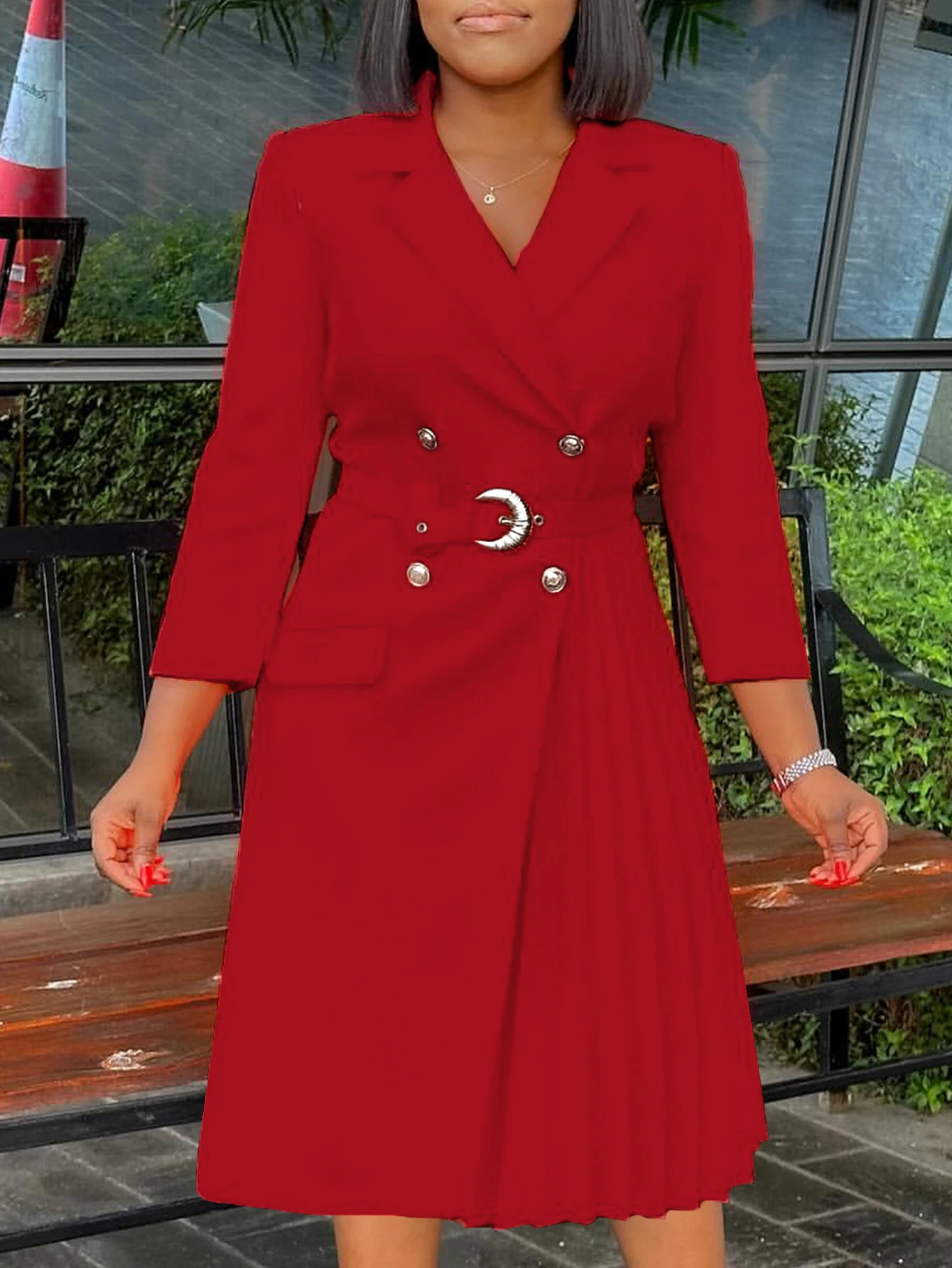 فستان نسائي أنيق للعمل بأزرار أمامية وأكمام طويلة وطية صدر السترة ورباط علوي وحاشية مطوية فستان طويل للمكتب للسيدات للخريف