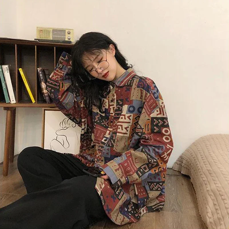 GIDYQ Harajuku Vintage Printing Shirts Women Y2k Streetwear Chic Long Sleeve Blouses Korean Oversized Casual Lapel BF Top Autumn