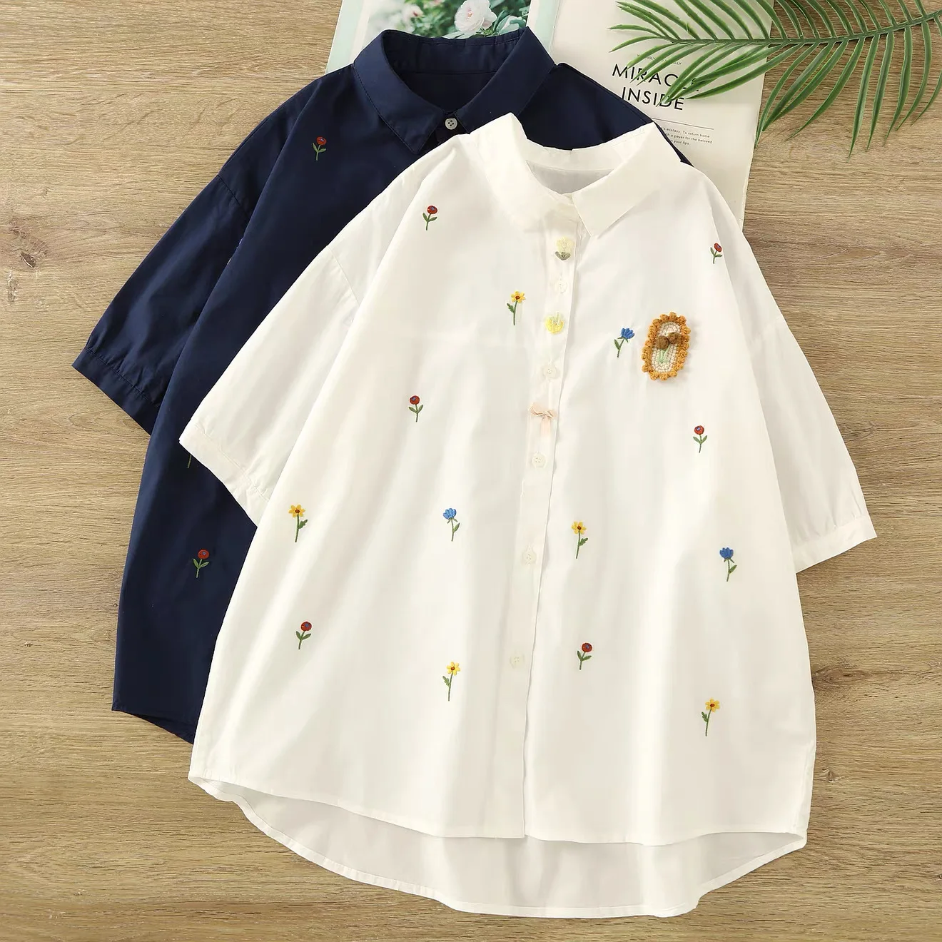 

2026 Pure Cotton Women's Floral Embroidered Shirt Short Sleeve Blouse with Cute Flower Embroidery Mori Girl Summer Top