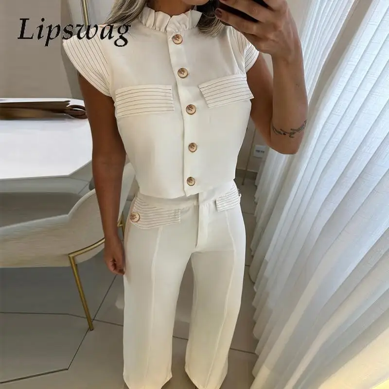 

Women Summer Single Breasted Shirt Tops& High Waist Trousers Suit Spring Lady Solid Set Fashion Stand Collar Ruffles Office Suit