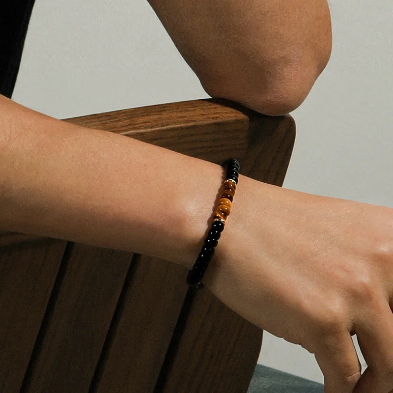 Chinese Style Lucky Wealth Attracting 6mm Natural Black Onyx Yellow Tiger Eye Stone Straight Cut Abacus Beaded Bracelet Handmade