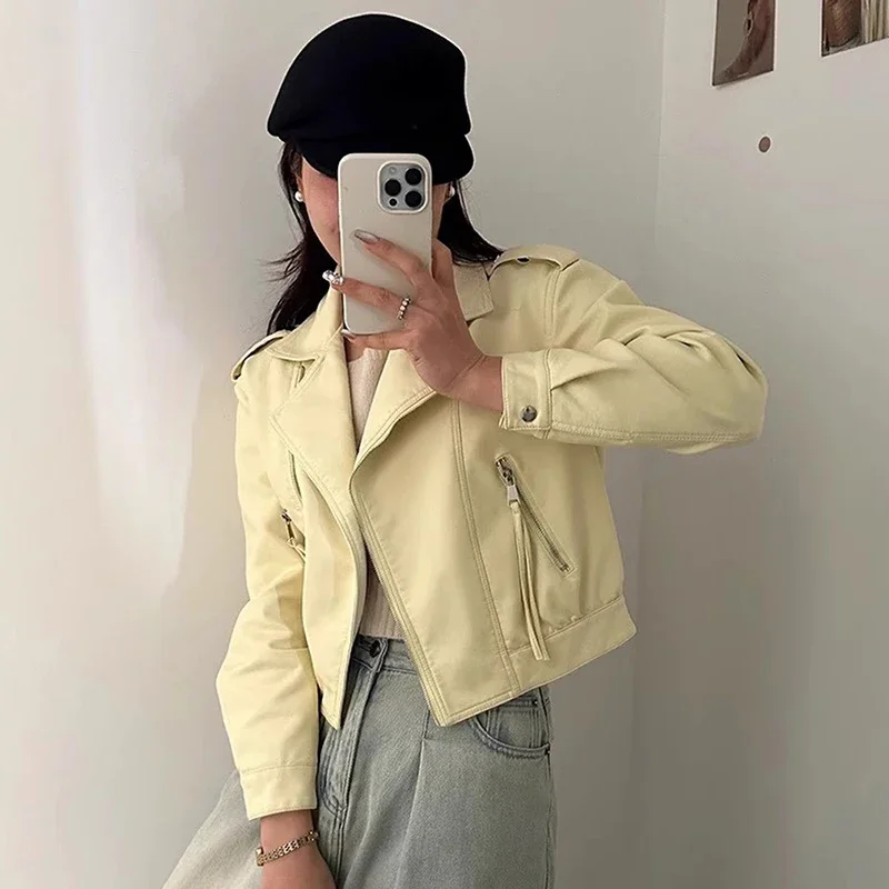 الكورية الأرجواني ضئيلة قصيرة فو بولي Leather سترة جلدية المرأة ربيع الخريف جديد التلبيب كم طويل دراجة نارية السائق سترة الشارع الشهير