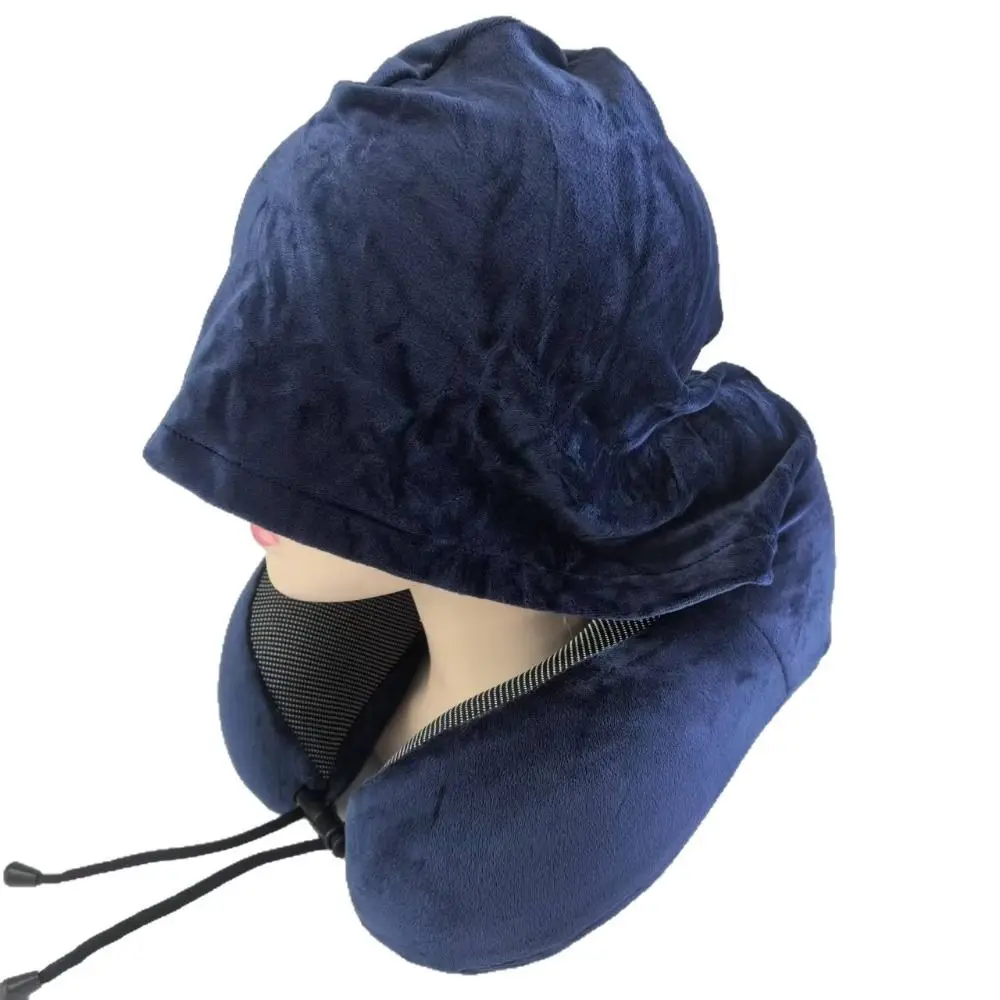 Removable Travel Neck Pillow Washable Cover with Storage Bag Hooded Pillow Adjustable Comfortable U-shaped Pillow with Cap