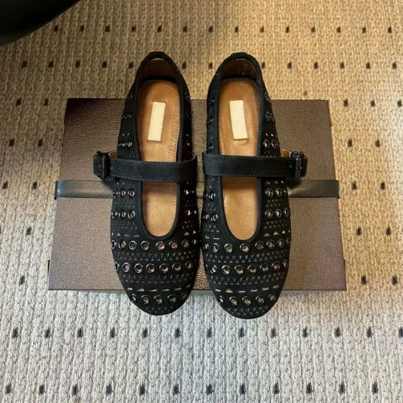 

Designer Brand Original Rivet Punched Mary Jane Single Shoe Women's Suede Flat Leather Hollow Ballet Shoes