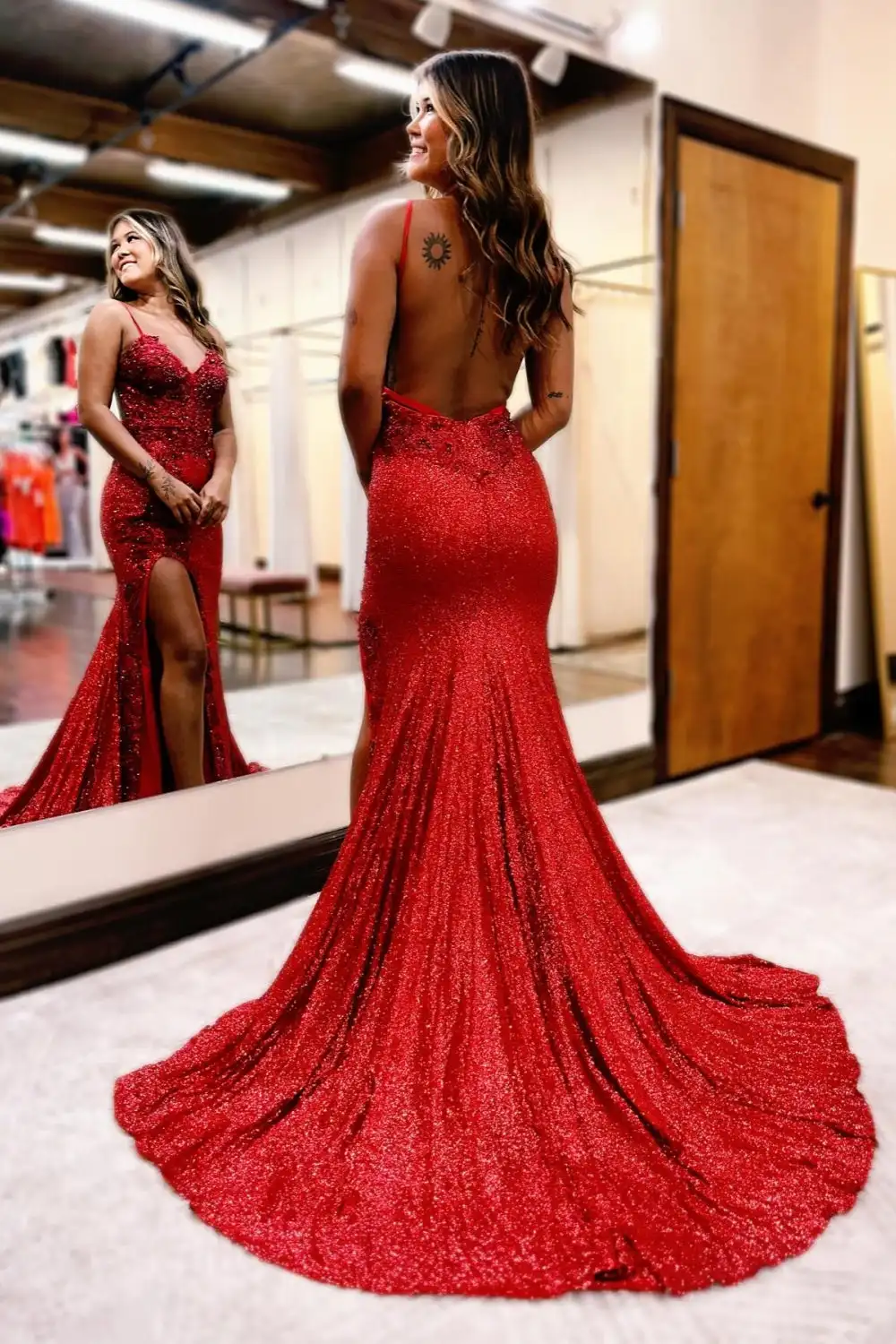 Vestidos de Fiesta de sirena con espalda descubierta y cuello en V para mujer, vestidos de noche con tirantes finos divididos, lentejuelas, cuentas, largo hasta el suelo, Sexy