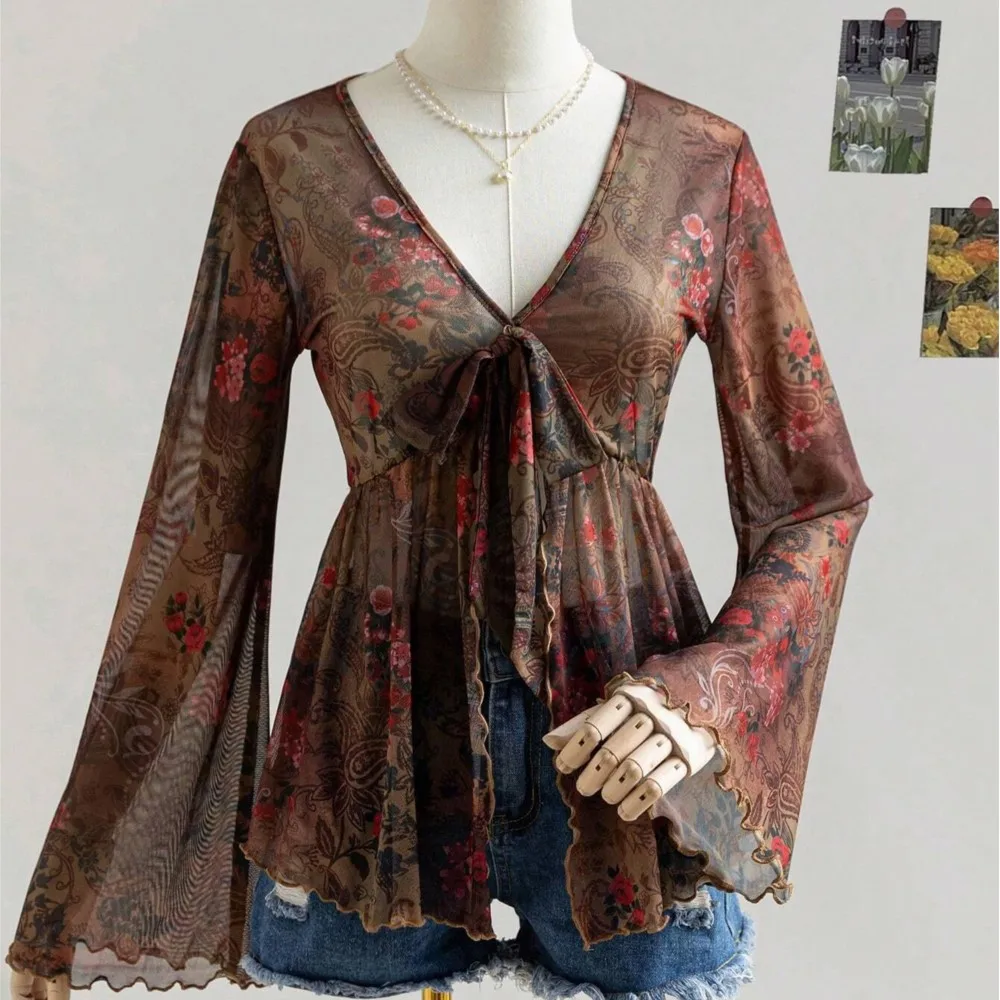 2026 Floral Print Blusas Long Sleeve Tops Camisetas Women's Clothing Retro Slim Ruffles Flared Sleeve V-link Perspective Printed