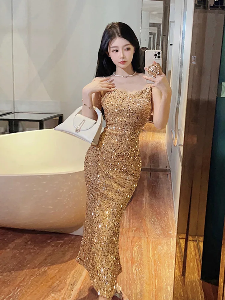 Elegant Pink Spaghetti Strap Sequin Sleeveless Open Back Long Dress 2023 Summer Party Dresses For Women