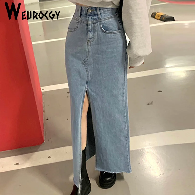 Long Denim Skirt for Women 2023 Spring Autumn Vintage Fashion High Waist Sexy One Button Split Korean Edition Fashion Skirt