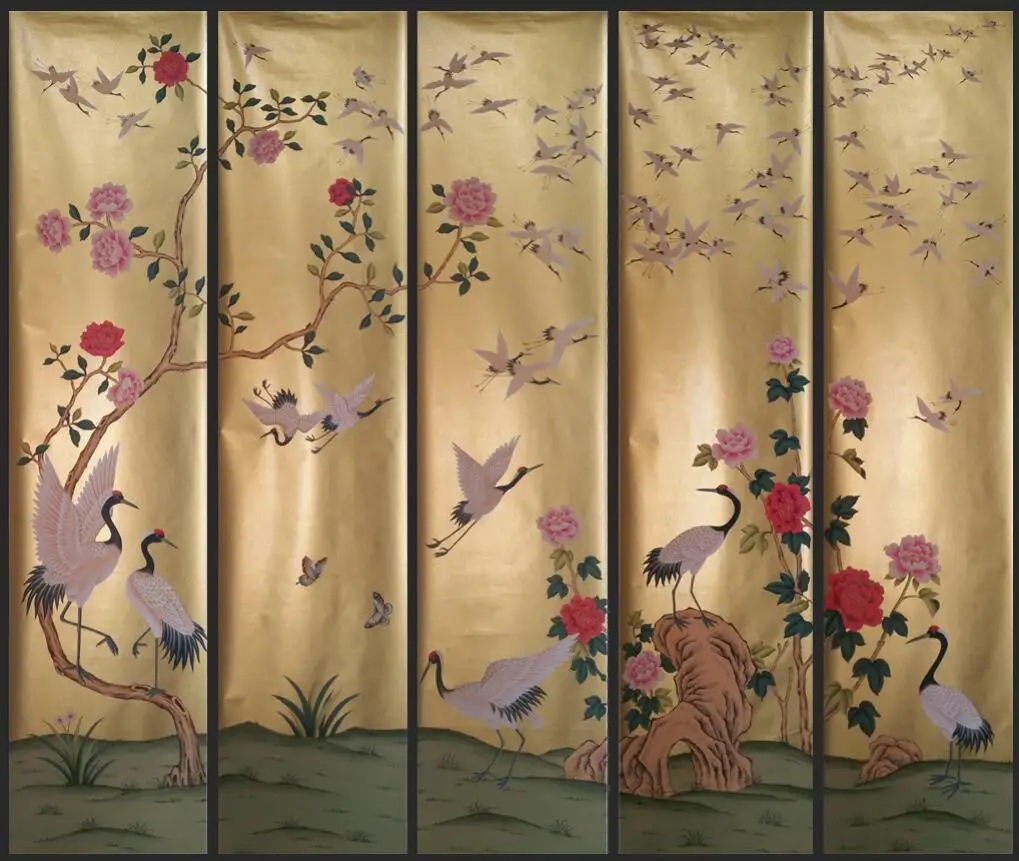 

Customized Hand-Painted Peonies/Cranes Gold-Gilded Wallpapers For Bedroom/Living/study/Dinning Room Sofa/TV backing Wallcovering