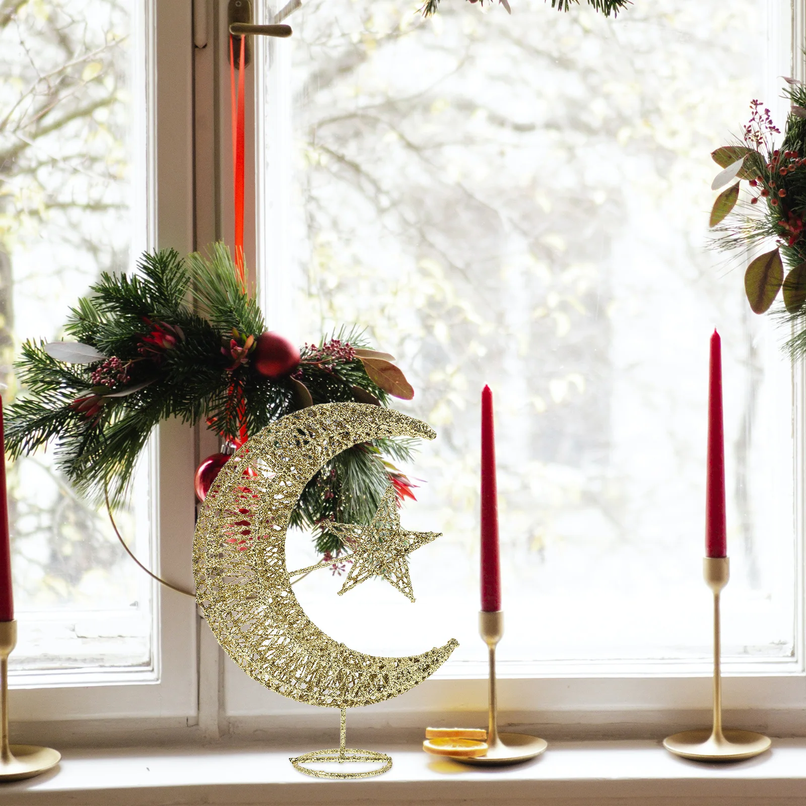 

Glittering Star and Moon Tree Topper 20Cm Golden Wrought Iron Christmas Tree Ornament for Office Home Restaurant Bar Wedding