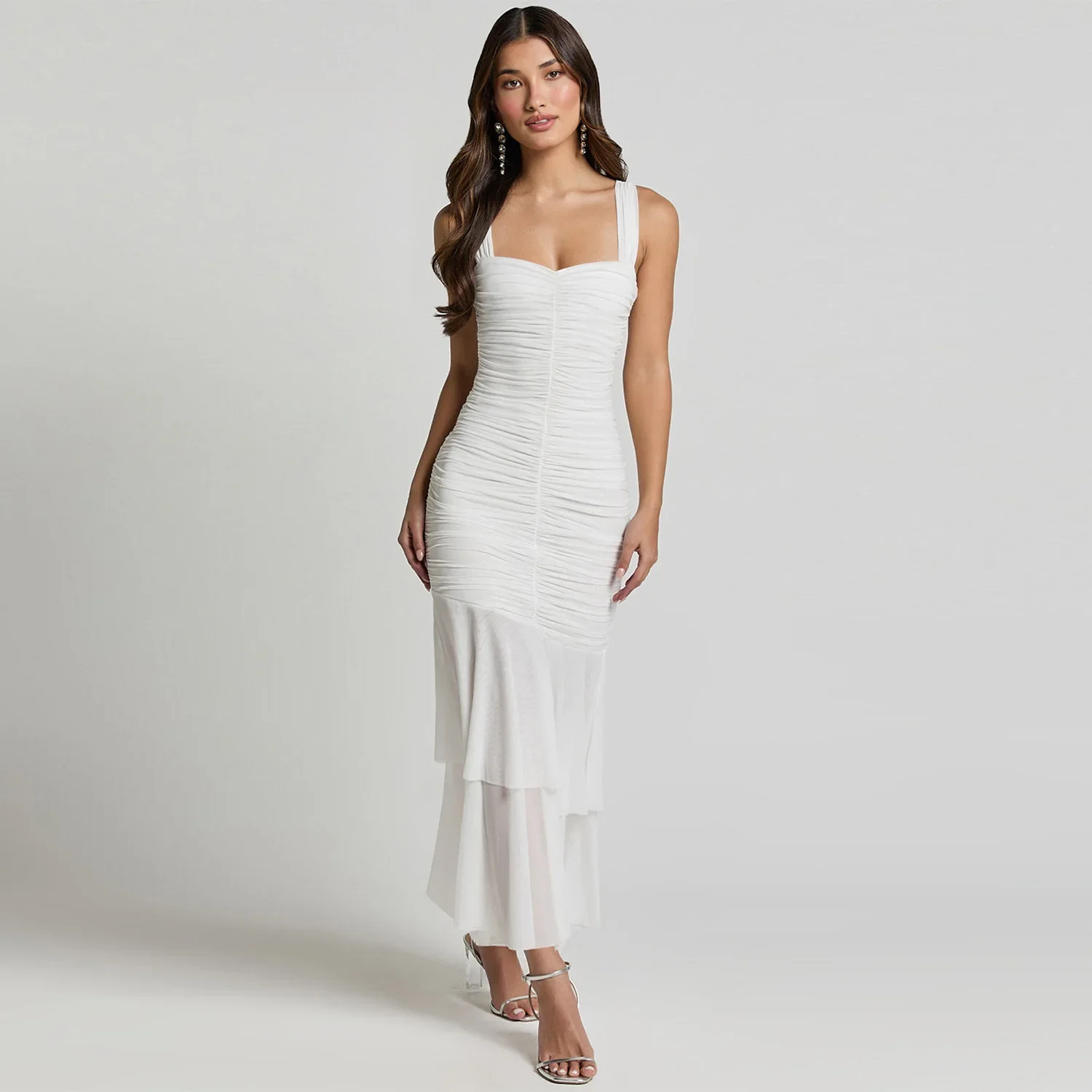 2025 verão moda emenda feminino cinta vestido dupla camada malha simples cor sólida feminino apertado vestidos de banquete