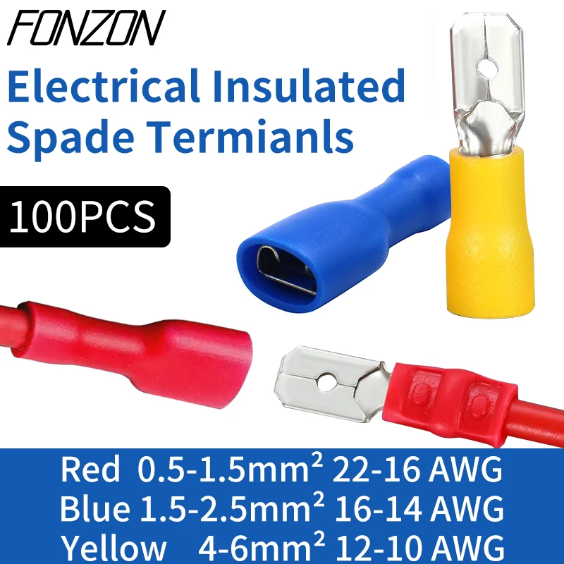 

100 PCS FDFD2-250 female pre-insulated crimp terminals suitable for 1.5-2.5mm² connectors MDD2-250 Female spade cable connectors