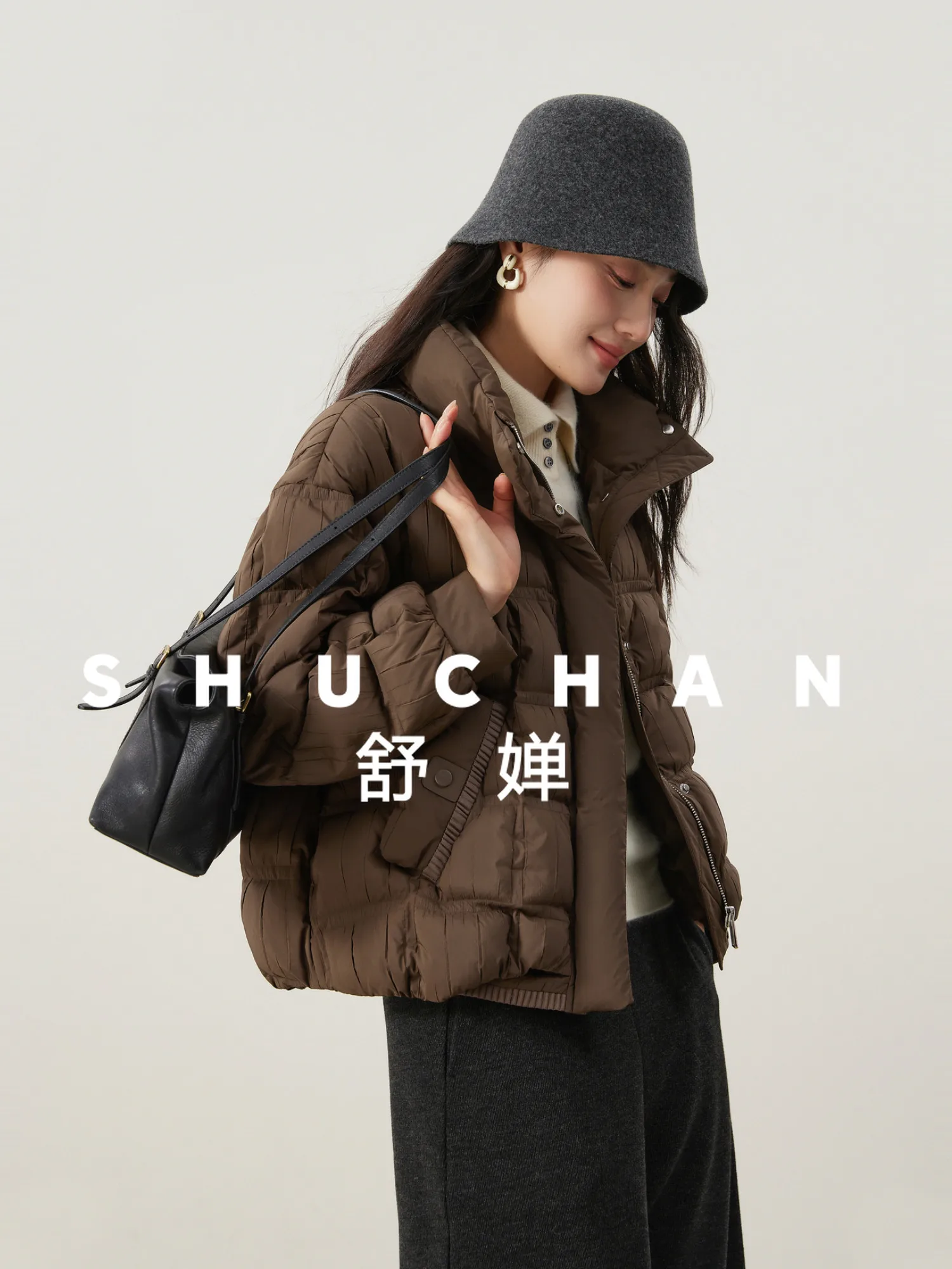 

【Winter American Style】Fashionable Personality Pleated Texture 90 White Duck Down Toast Stand-up Collar Short Down Jacket Women