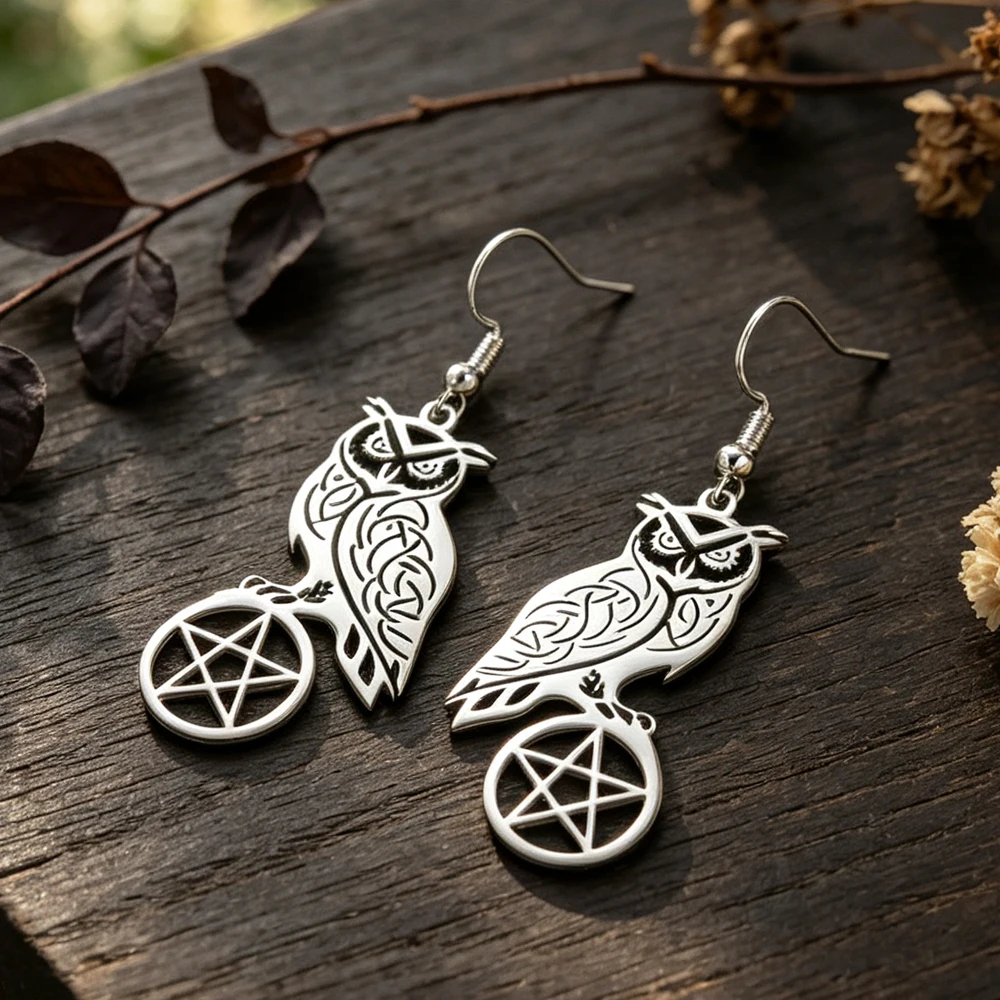 Owl of Wisdom Pentagram Pendant Earrings Pentacle Gothic Protection Talisman Dangle Earrings Stainless Steel Spiritual Jewelry
