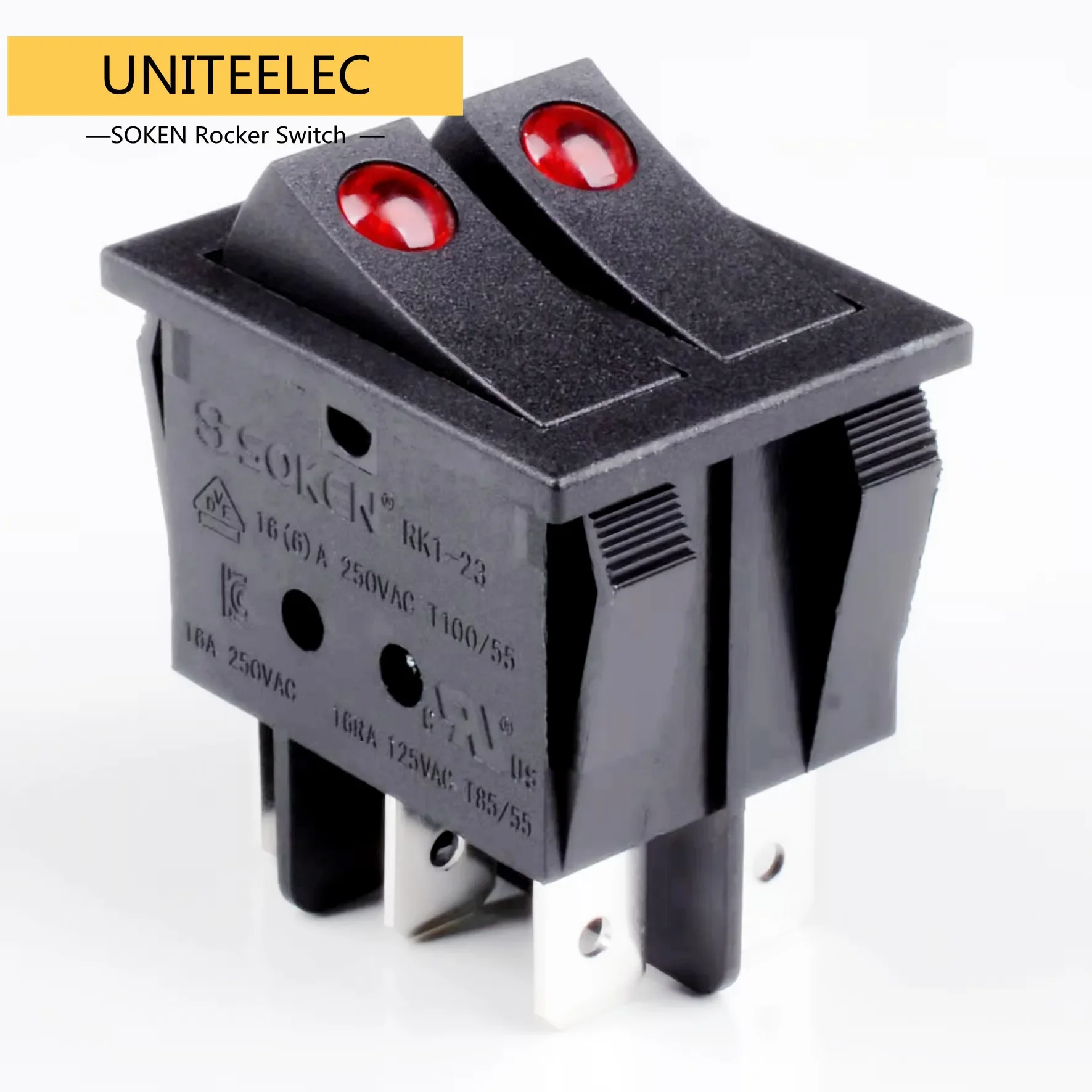 Uniteelec-Soken Red Spot Light DPST ON/Off Boat Rocker Switch RK1-23(N) 6 Pins 16A/250V UL TUV List