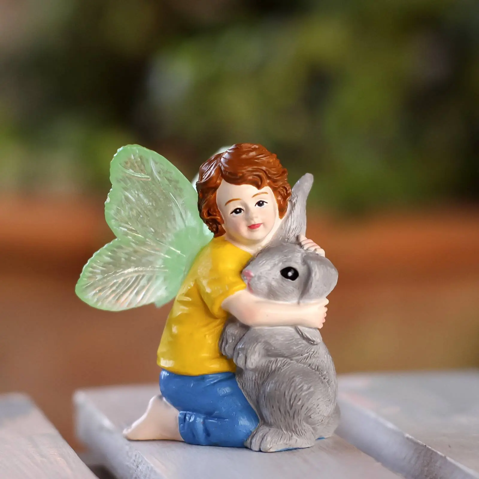 Lad Fairy Hugging Hare Statue Radiant at Night Mini Landscape Decoration Garden Decor Handmade Craft for Potted Plants