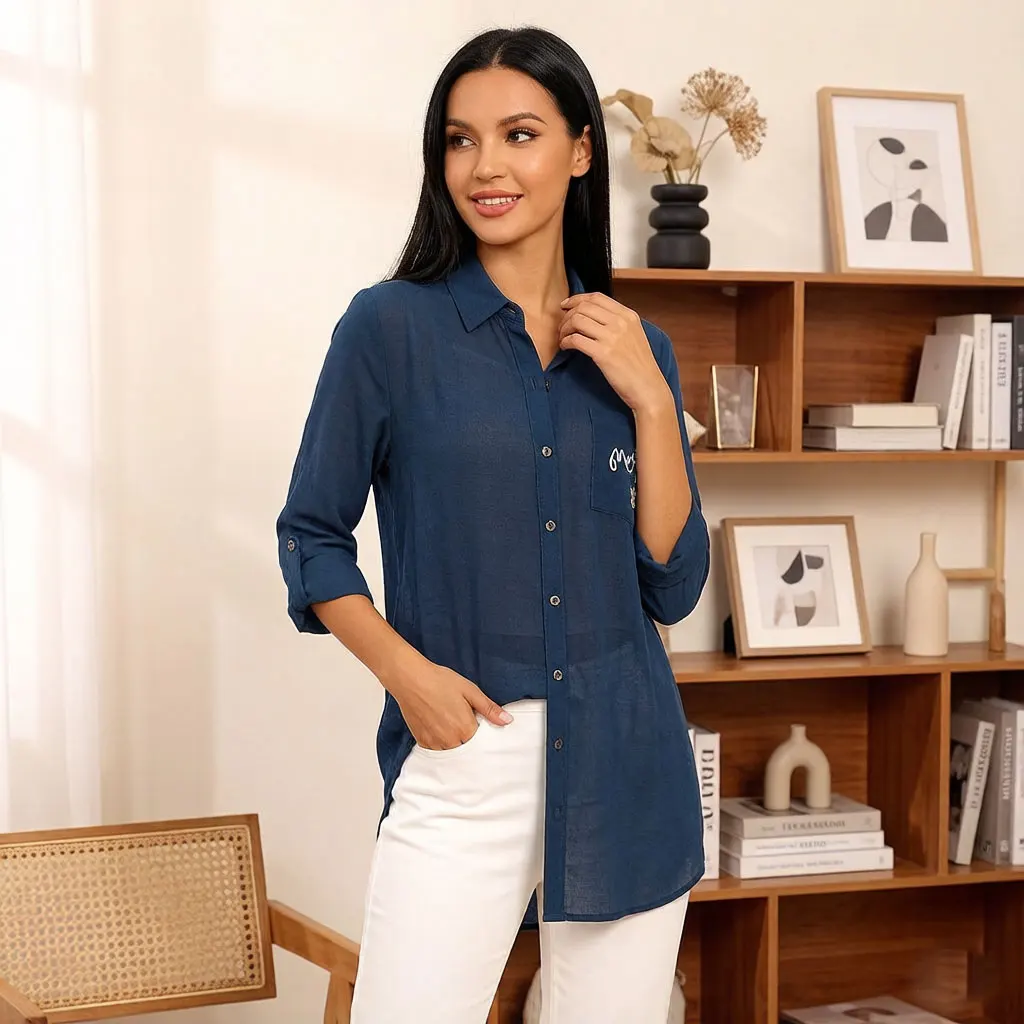 

Women Navy Blue Chiffon Shirt Dress Longline Blouse with Embroidered Pocket Vintage Lapel Collar Flare Sleeve Casual Loose Fit